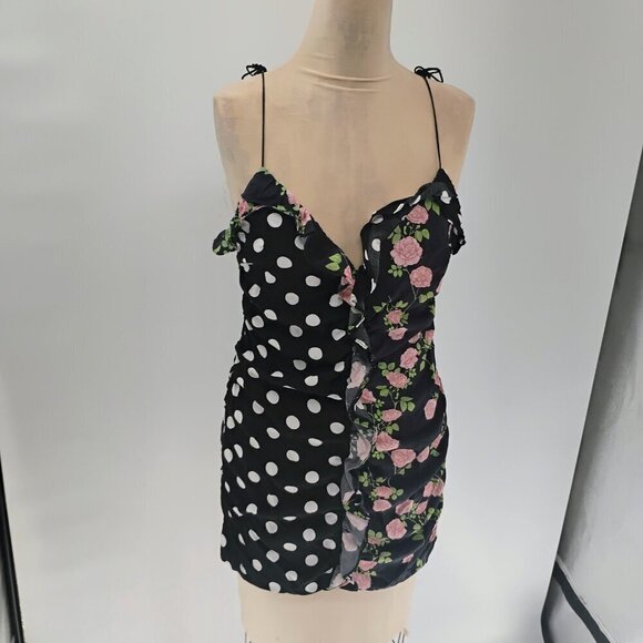 for love and lemons mochi shirred mini dress in black floral polka print - Picture 9 of 13